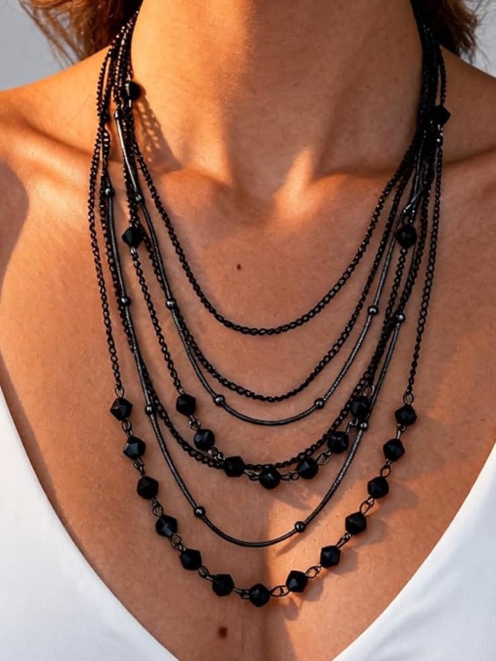 Anthropologie Layered Black Beaded Multi-Chain Necklace - Picture 5 of 6